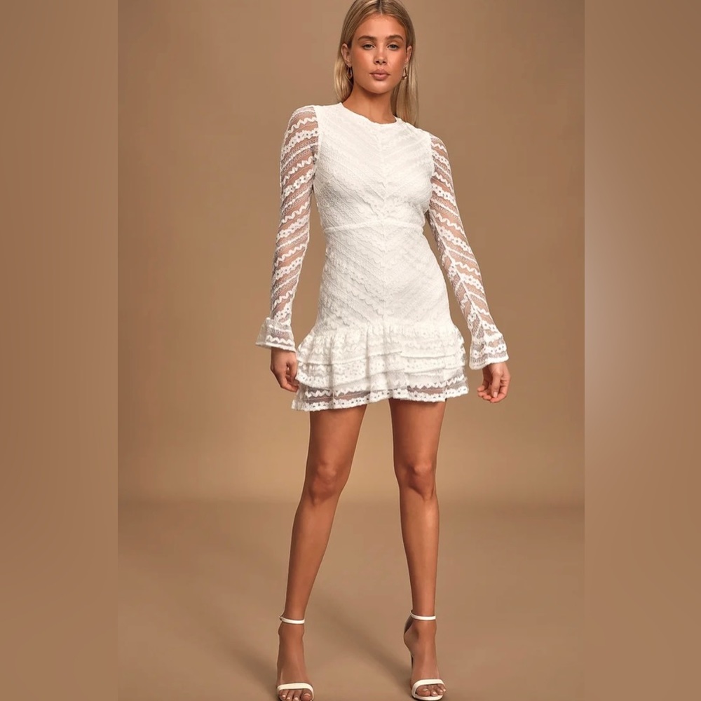 Lulus Call You Over White Lace long sleeve tiered ruffled mini dress, size S